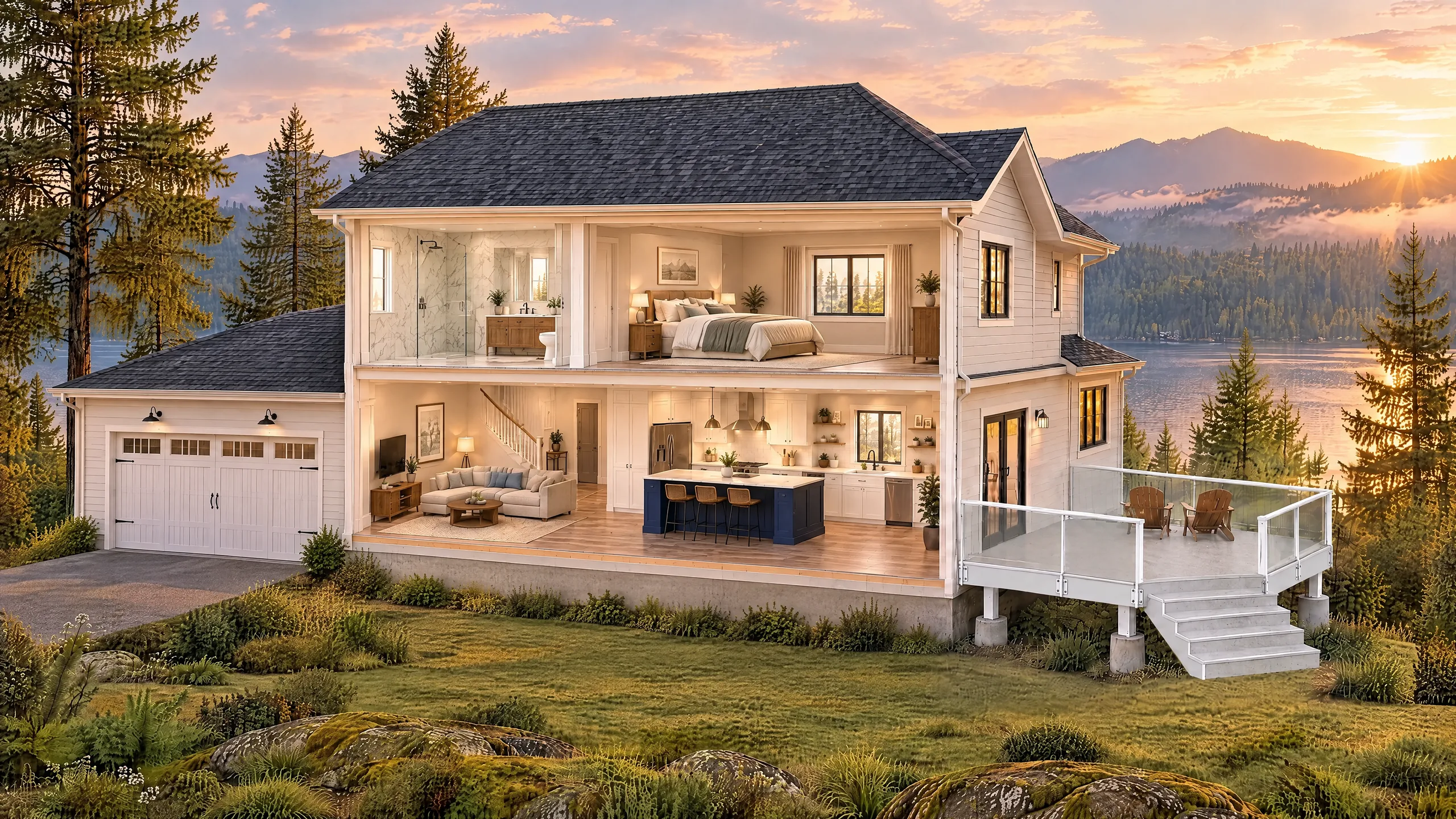 Cutaway illustration of a two-storey lakeside home on Shawnigan Lake showing the bathroom, garage, kitchen, siding and a vinyl deck with side-mounted glass railings