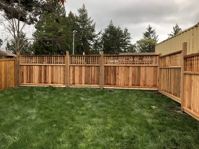 New cedar fence with lattice top around a lawn